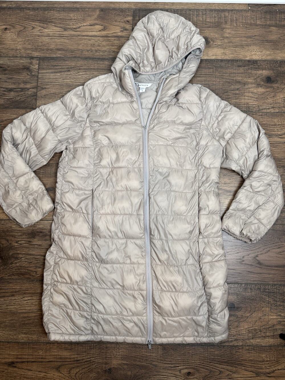 Athleta Aire Puffer Parka Coat Feather Taupe Tan Lightweight Down Jacket Sz L